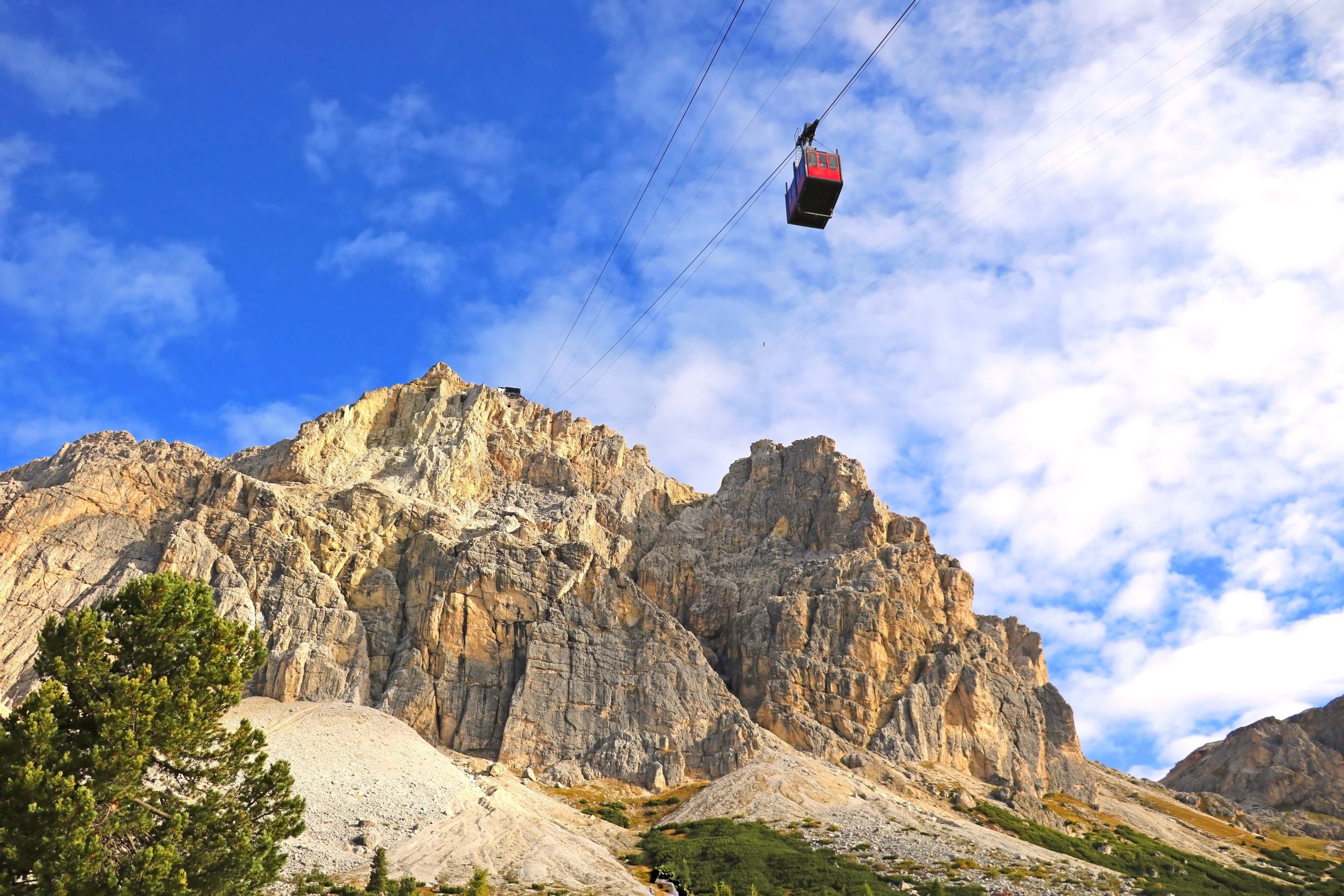Summer landscape in Italian Dolomites. Cable car high to the top mountainin in Alpe. Italy. Europe. Selective focus.
