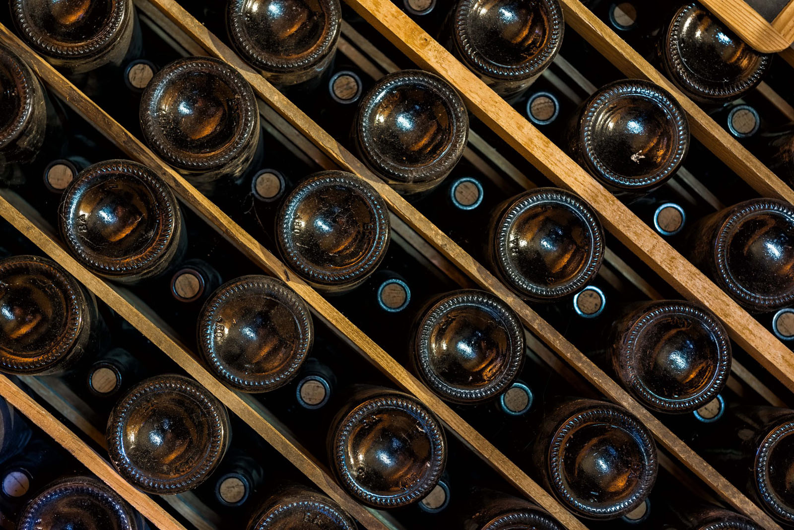 Wine bottles aging in a wine cellar