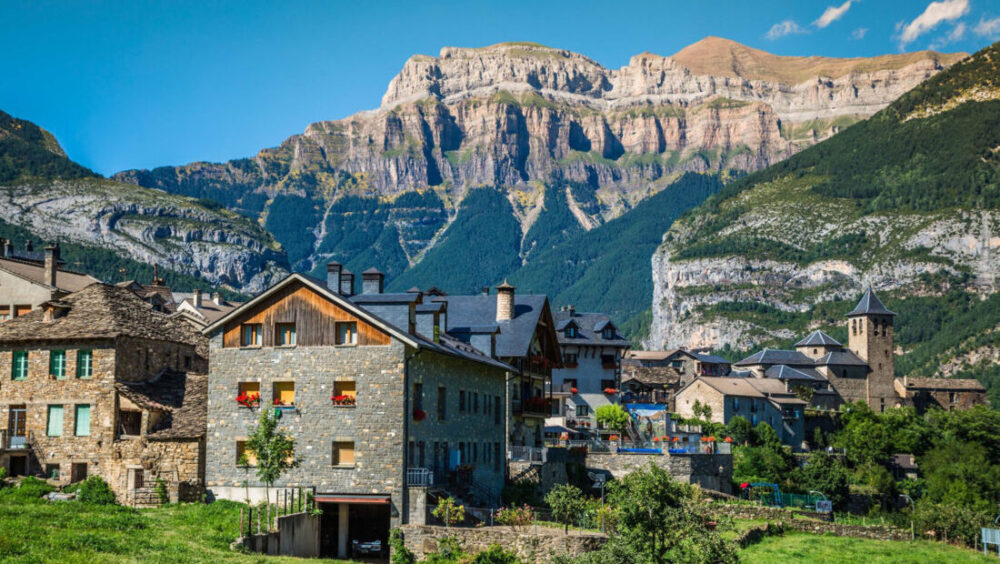 Torla town in Ordesa National pakr in the spanish pyrenees.