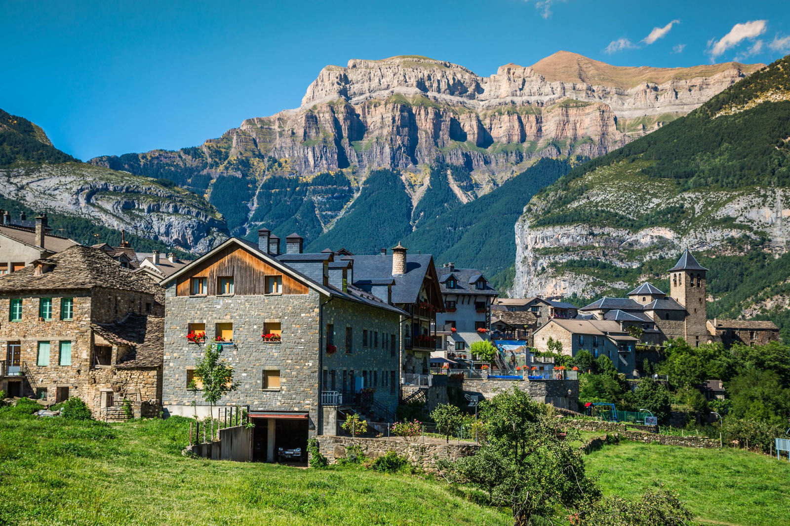 Torla town in Ordesa National pakr in the spanish pyrenees.