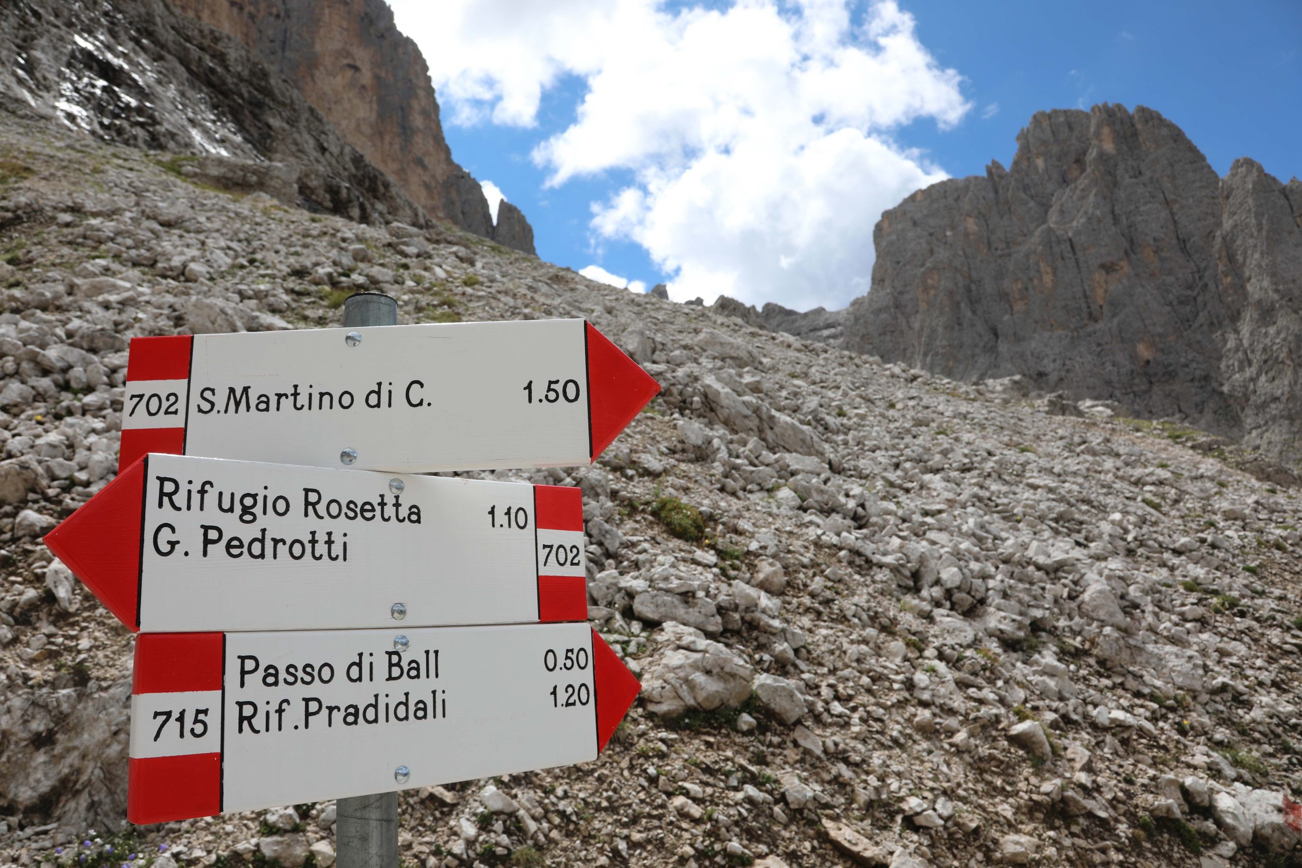sign with the places of the Italian mountain near the village of San Martino di Castrozza in Italy
