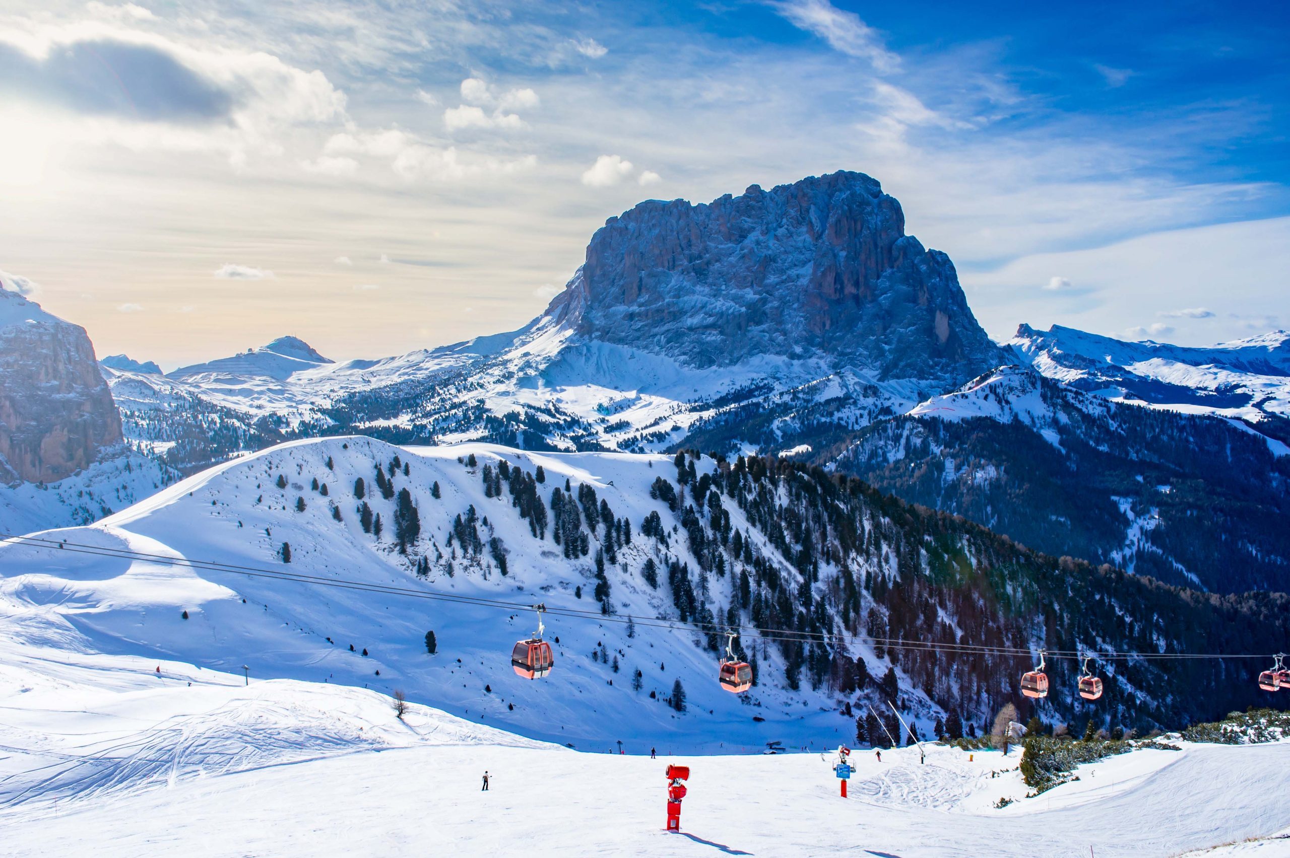 Ski resort in the dolomites at sunset