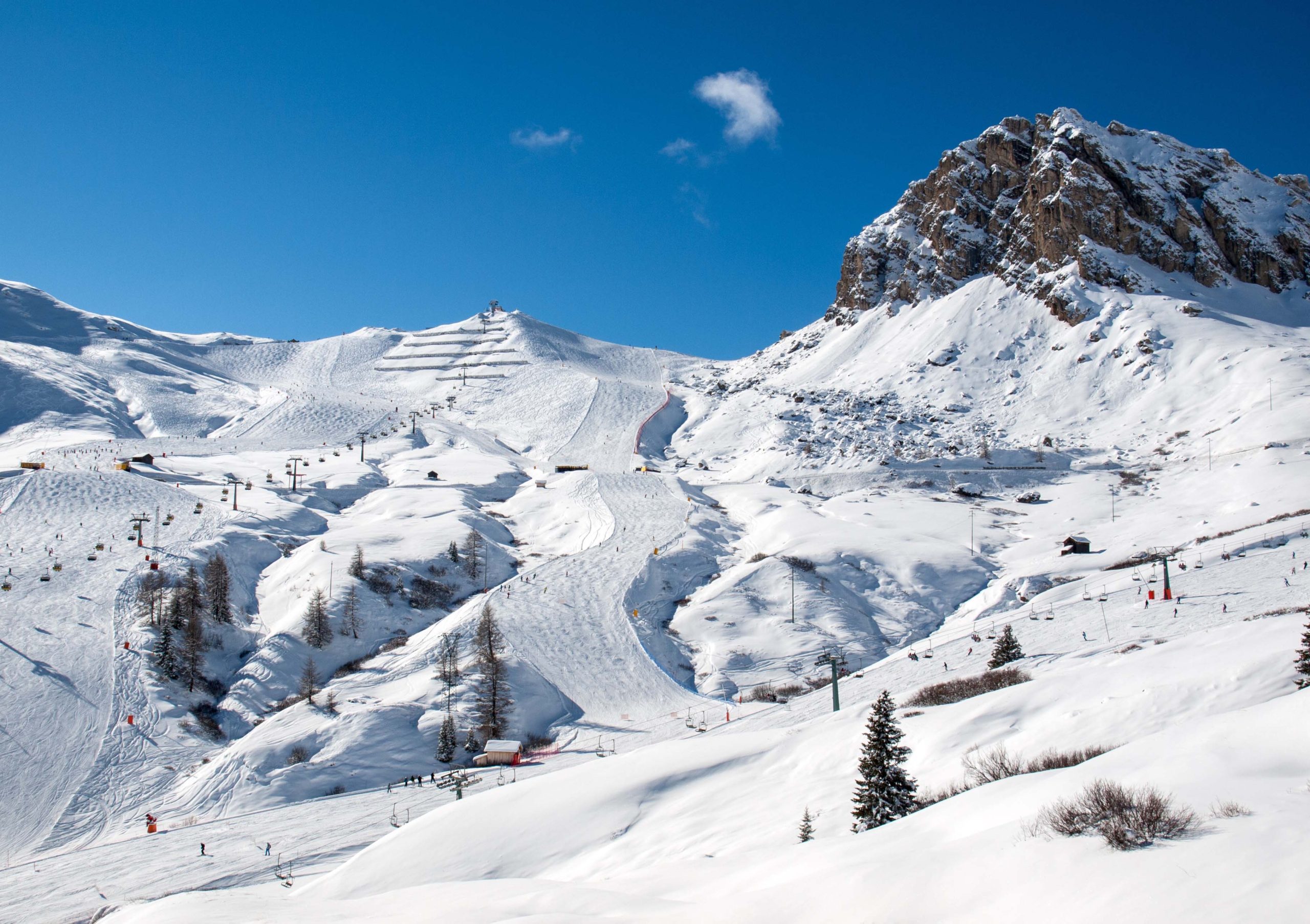 Skiing area in the Dolomites Alps. Overlooking the Sella group  in Val Gardena. Italy