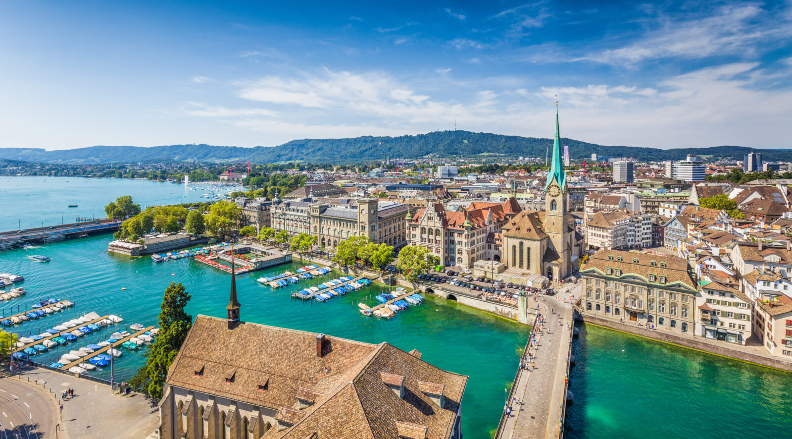 Aerial-view-of-Zürich-city- and-Limmat-river