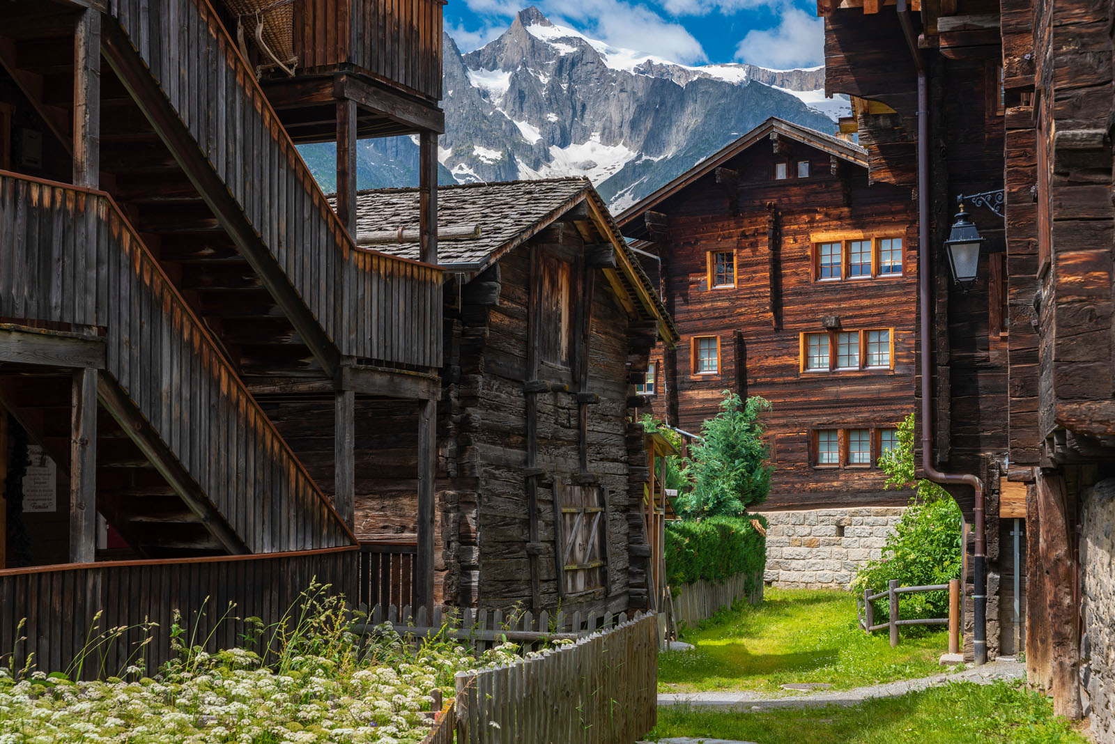 Historic center of Bellwald with typical Valais wooden houses