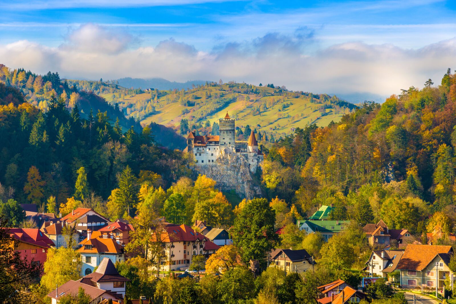 Panoramic view over Dracula medieval Castle Bran in autumn seaso