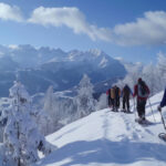 Group Snowshoeing on Winter Mountain Trail